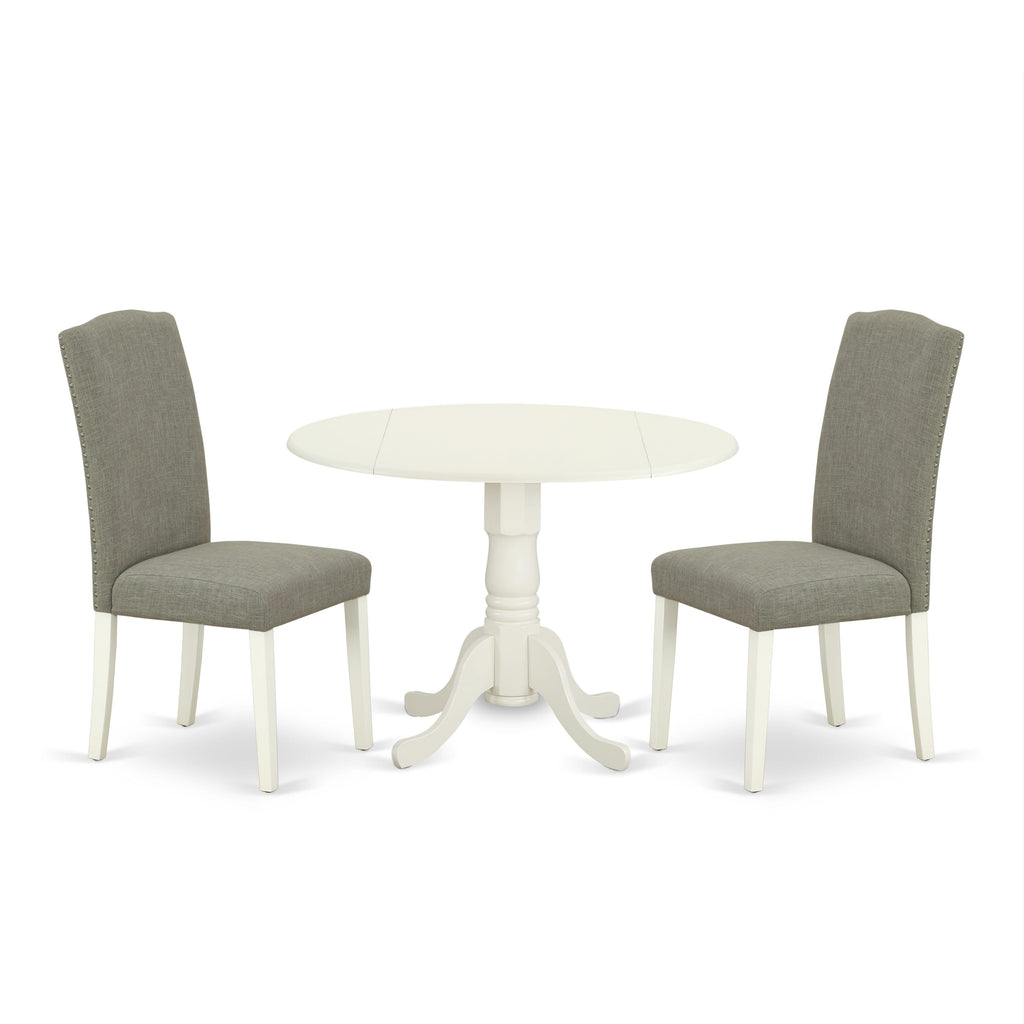 DLEN3-FPI-1S Elegant 3 Piece Dining Set with Dropleaf Table & 2 Shitake Linen Chairs, Linen White
