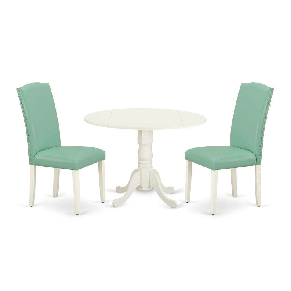 DLEN3-MK3-HI 3-Piece Dining Set Round Table with Dropleaf & 2 Leather-Feel Chairs, 42 Linen