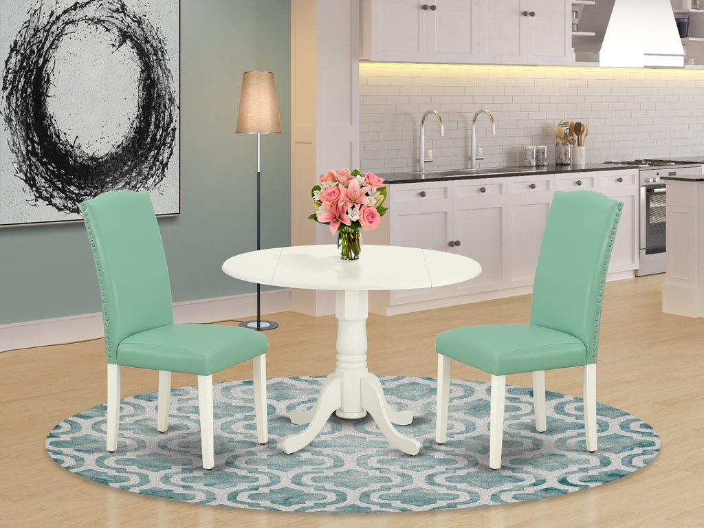 DLEN3-MK3-HI 3-Piece Dining Set Round Table with Dropleaf & 2 Leather-Feel Chairs, 42 Linen