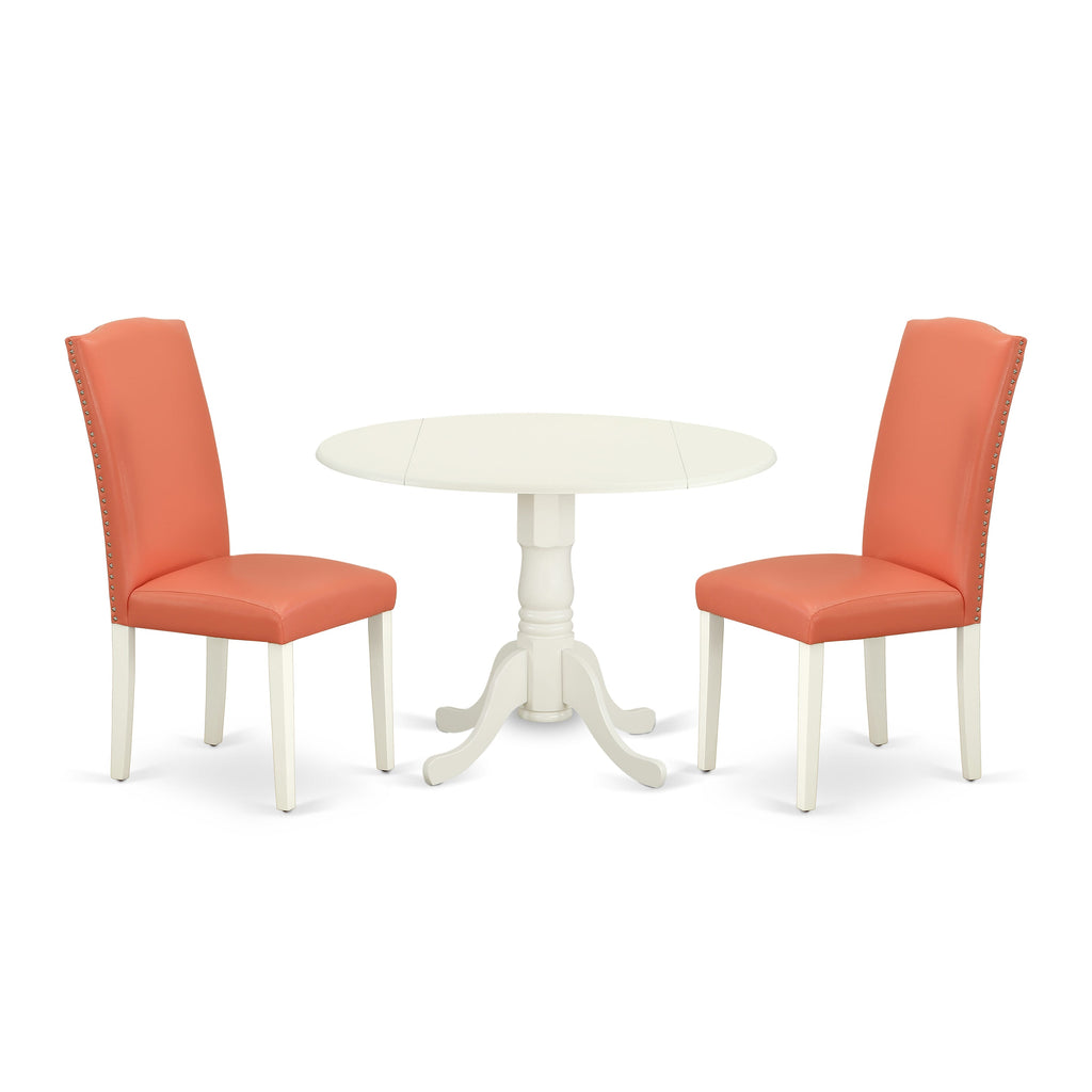 DLEN3-KAT-EC 3-Piece Dine Set with Dropleaf Table & 2 Faux Leather Pink Chairs, 42 Round in Linen White