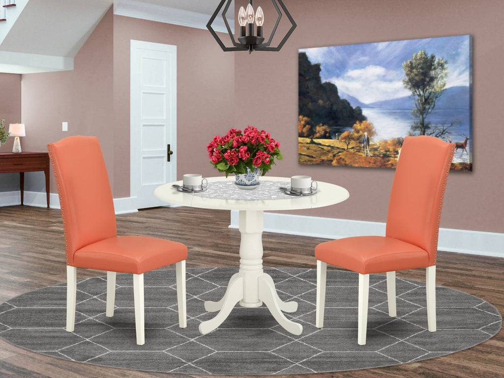 DLEN3-KAT-EC 3-Piece Dine Set with Dropleaf Table & 2 Faux Leather Pink Chairs, 42 Round in Linen White