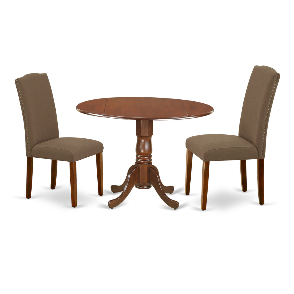 DLEN3-B5G-97 Elegant 3-Piece Dining Ensemble with Round Dropleaf Table and 2 Chic Coffee Parsons Chairs, 42 Mahogany Finish