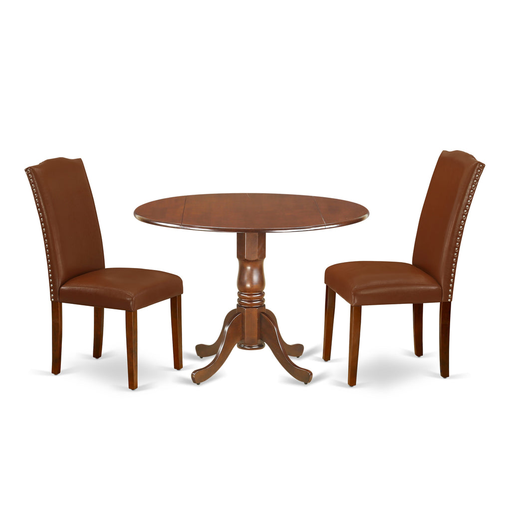 DLEN3-T0H-YU 3 Pc Dining Ensemble with Round Drop Leaf Table & 2 Parsons Chairs in Mahogany Finish