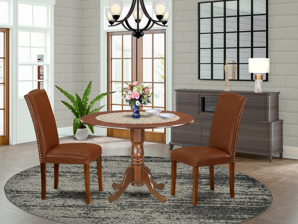 DLEN3-T0H-YU 3 Pc Dining Ensemble with Round Drop Leaf Table & 2 Parsons Chairs in Mahogany Finish
