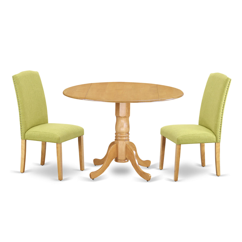 DLEN3-576-43 Three-Piece Dining Ensemble with Drop Leaf & Limelight Linen Seating in Oak Finish