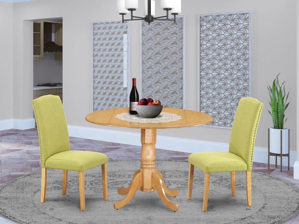 DLEN3-576-43 Three-Piece Dining Ensemble with Drop Leaf & Limelight Linen Seating in Oak Finish