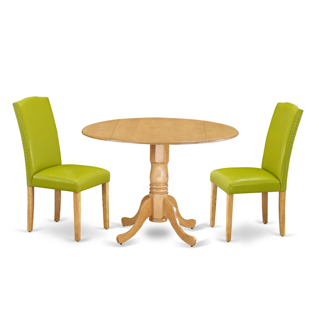 Explore DLEN3-286-5H Perfect Compact Ensemble with Round Table & 2 Green Faux Leather Chairs, 42 Oak