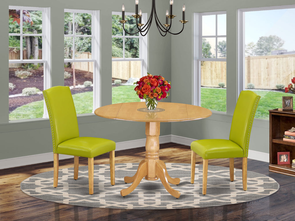 Explore DLEN3-286-5H Perfect Compact Ensemble with Round Table & 2 Green Faux Leather Chairs, 42 Oak