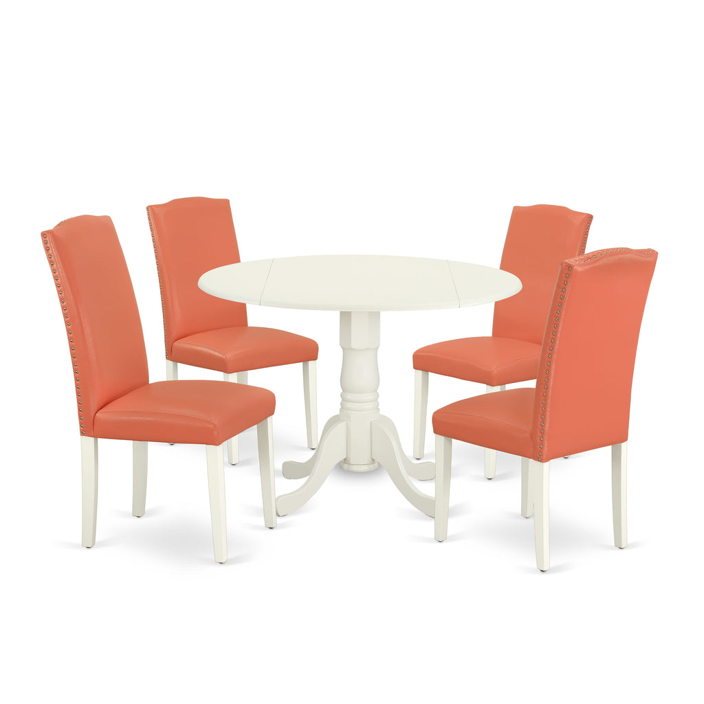 DLEN5-K6H-R6 Sophisticated Five Piece Dining Collection with Round Table and 4 Parson Chairs in Pink Flamingo, Linen White, 42x42 Inch