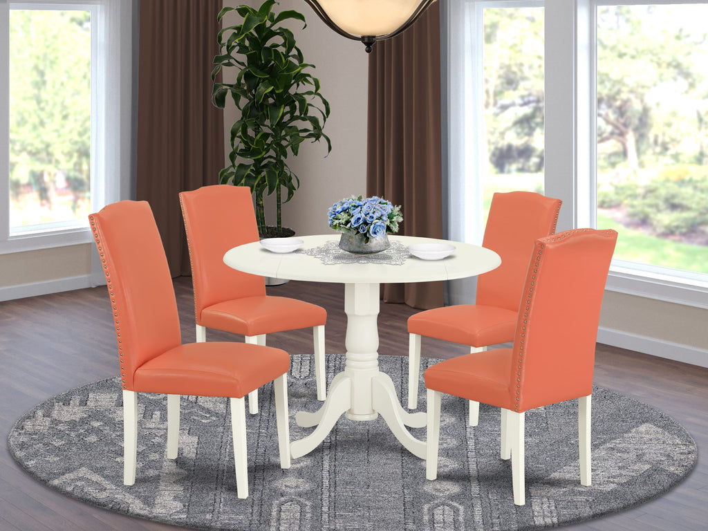 DLEN5-K6H-R6 Sophisticated Five Piece Dining Collection with Round Table and 4 Parson Chairs in Pink Flamingo, Linen White, 42x42 Inch
