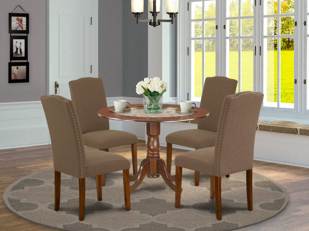 DLEN5-AEI-PV 5-Piece Mahogany Dining Set with Drop-Leaf Table and Dark Linen Seating, 42