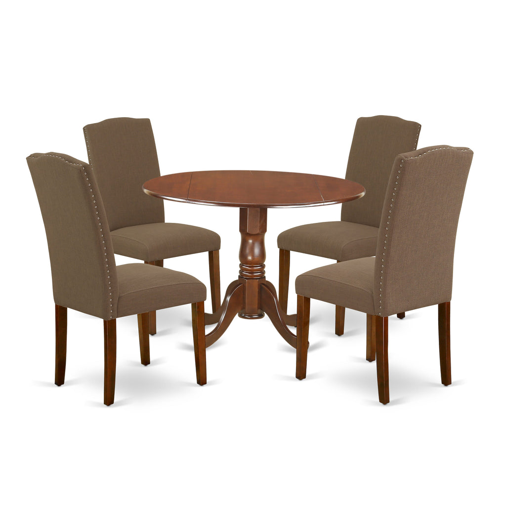DLEN5-AEI-PV 5-Piece Mahogany Dining Set with Drop-Leaf Table and Dark Linen Seating, 42