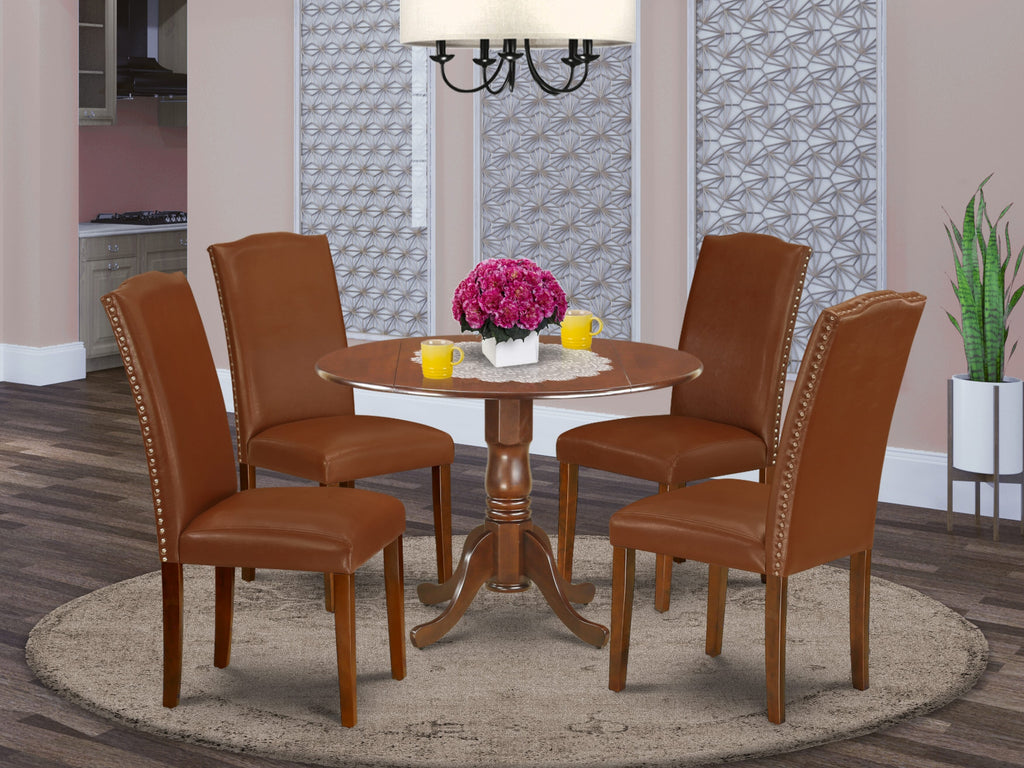 5-Piece Round Dining Set with Dropleaf Table and Faux Leather Chairs,  DLEN5-QWS-7F