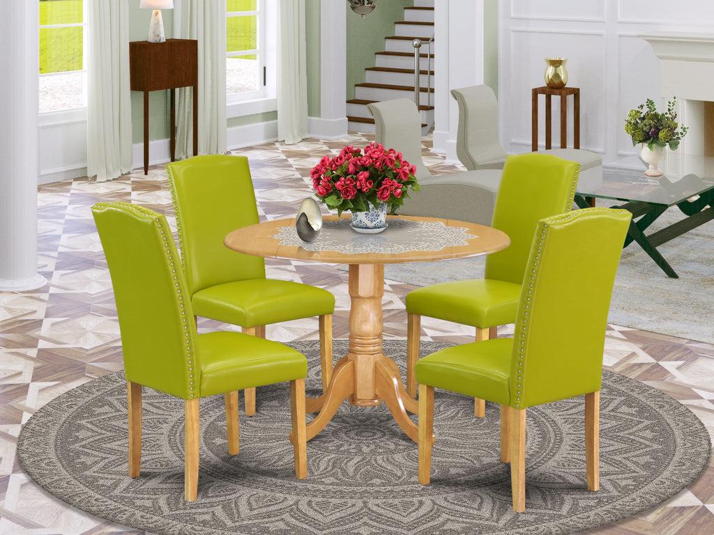 Modern Round Dining Set DLEN5-GMD-NT with Dropleaf Table & Faux Leather Chairs - 5 Piece
