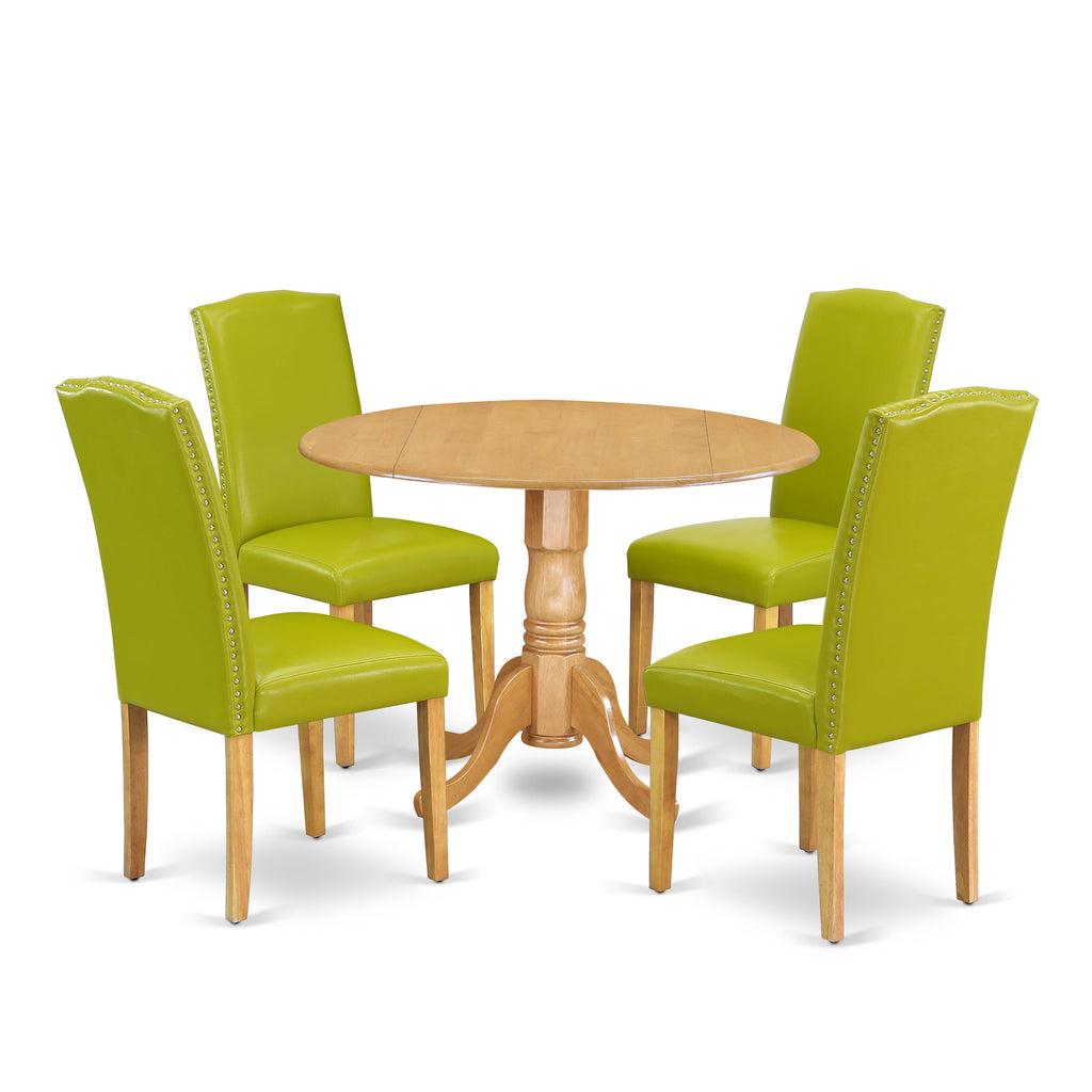 Modern Round Dining Set DLEN5-GMD-NT with Dropleaf Table & Faux Leather Chairs - 5 Piece