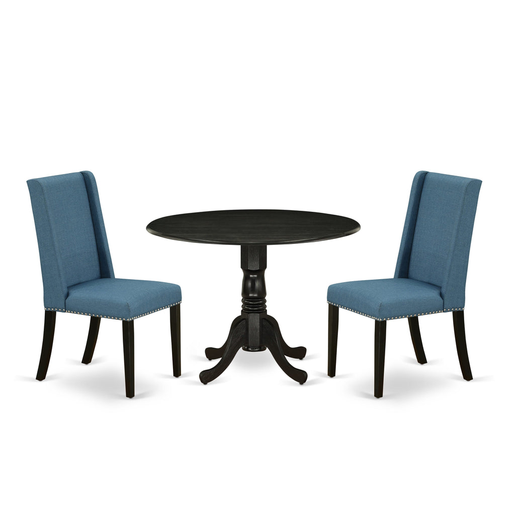 DLFL3-6Y5-VZ Compact Dining Ensemble Round Table with Dropleaf & Two Blue Upholstered Chairs, Wirebrushed Black, 42
