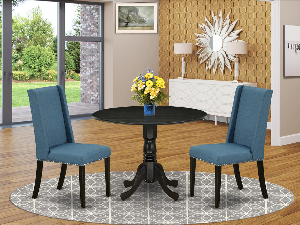 DLFL3-6Y5-VZ Compact Dining Ensemble Round Table with Dropleaf & Two Blue Upholstered Chairs, Wirebrushed Black, 42