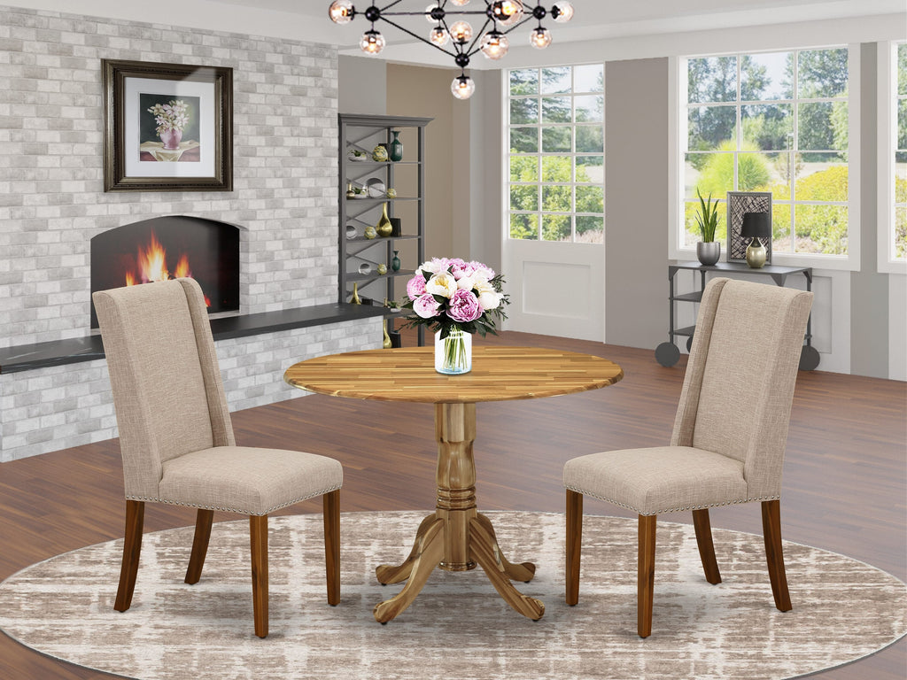 DLFL3-YS1-K3 3-Piece Set Versatile Round Dropleaf Dining Table with 2 Linen Chairs, 42” Natural Wood Finish