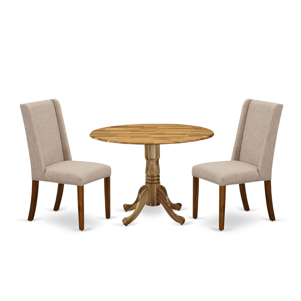 DLFL3-YS1-K3 3-Piece Set Versatile Round Dropleaf Dining Table with 2 Linen Chairs, 42” Natural Wood Finish