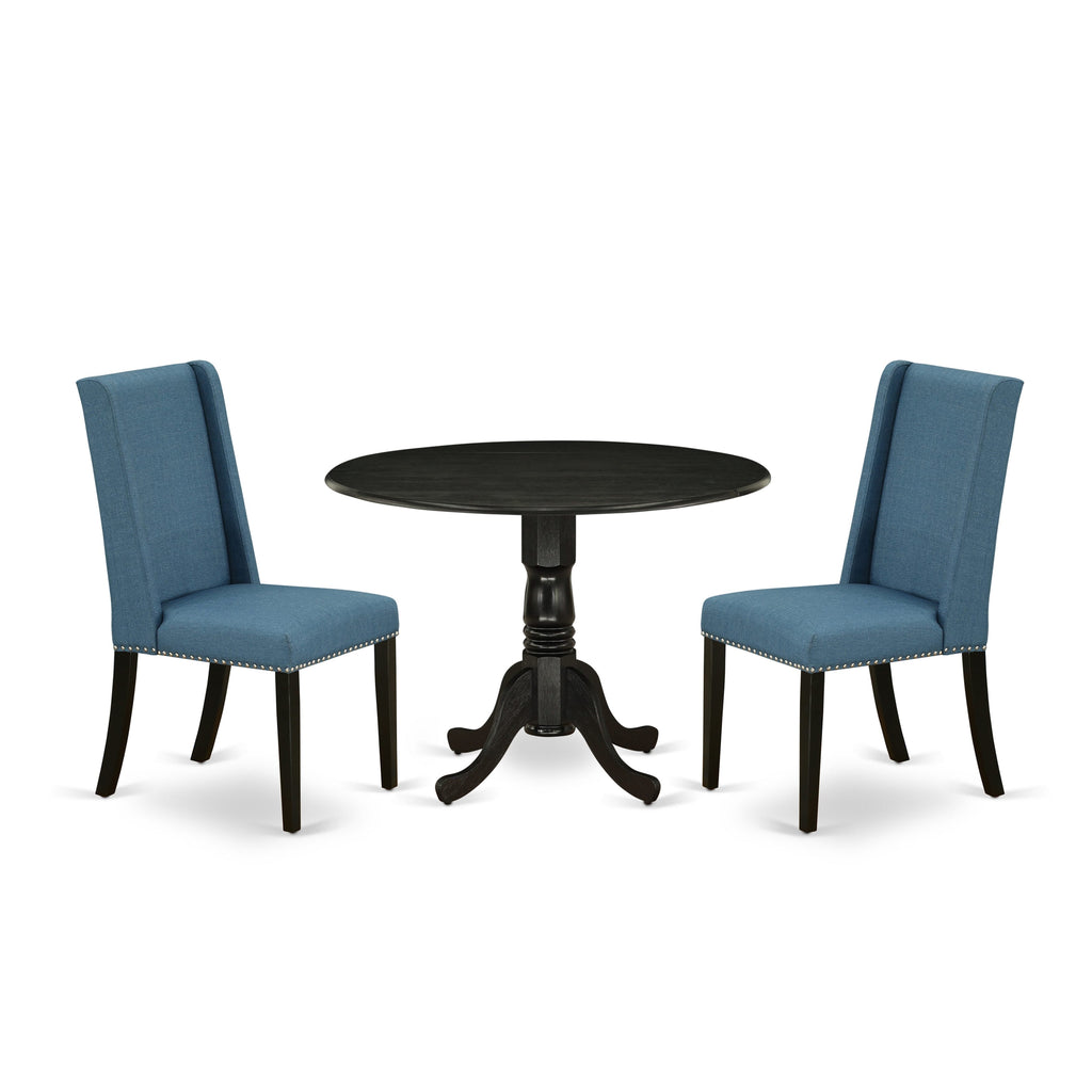 DLFL3-259-0W Compact 3-Piece Dining Set with Drop Leaf Table and Blue Upholstered Chairs, 42x42