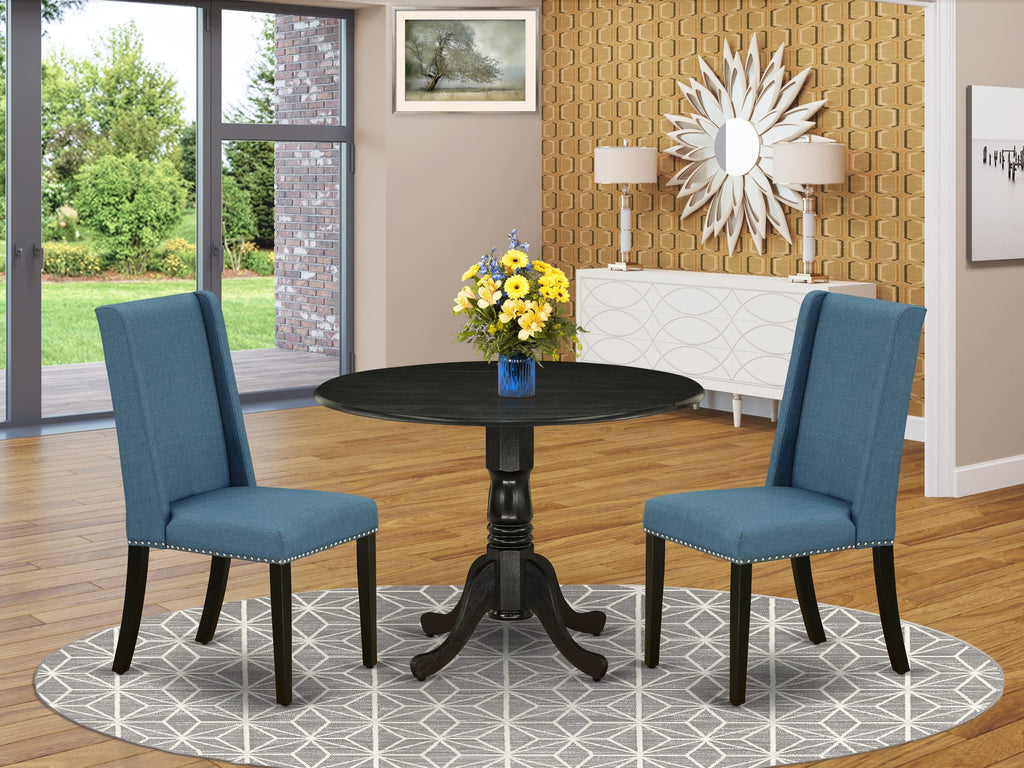 DLFL3-259-0W Compact 3-Piece Dining Set with Drop Leaf Table and Blue Upholstered Chairs, 42x42