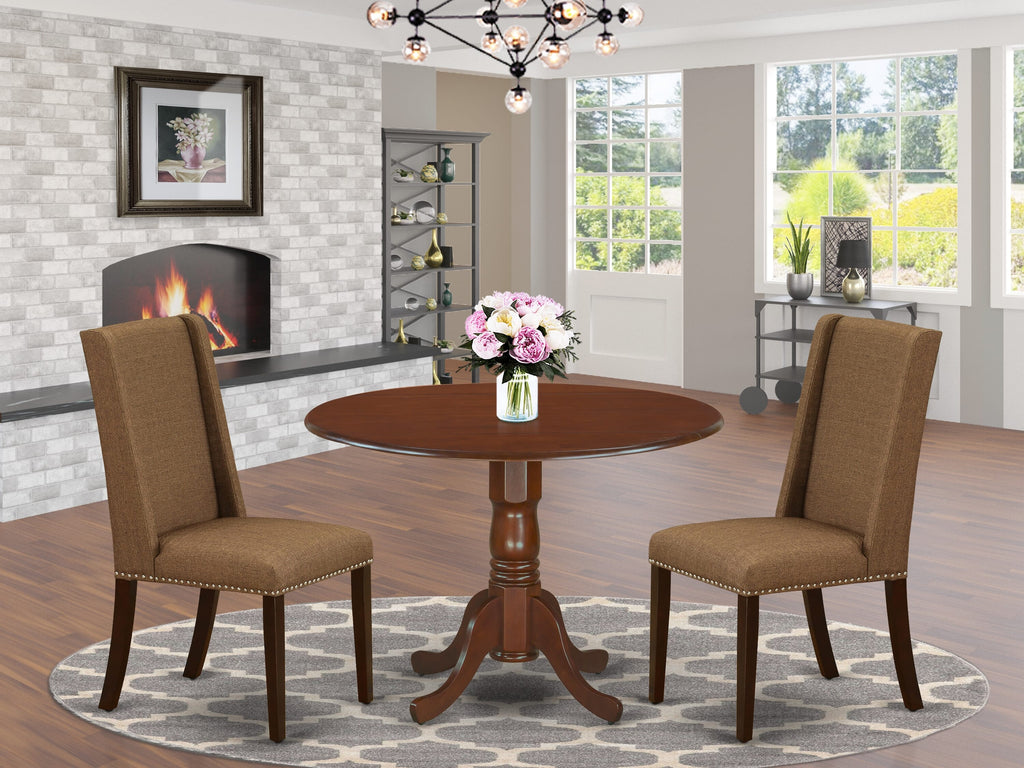 DLFL3-P4I-F5 3-Piece Set Round Drop-leaf Table with 2 Upholstered Parson Chairs in Brown, 42-Inch, Mahogany Finish
