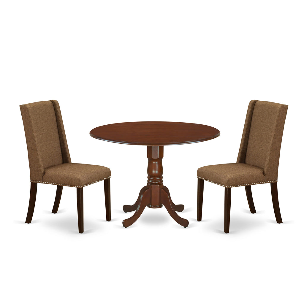 DLFL3-P4I-F5 3-Piece Set Round Drop-leaf Table with 2 Upholstered Parson Chairs in Brown, 42-Inch, Mahogany Finish