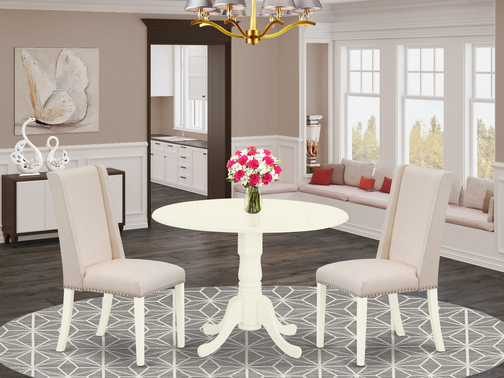 Dining Set DLFL3-P4Z-CT with Dropleaf Table & Upholstered Chairs for Cozy Kitchens, 42 Linen White