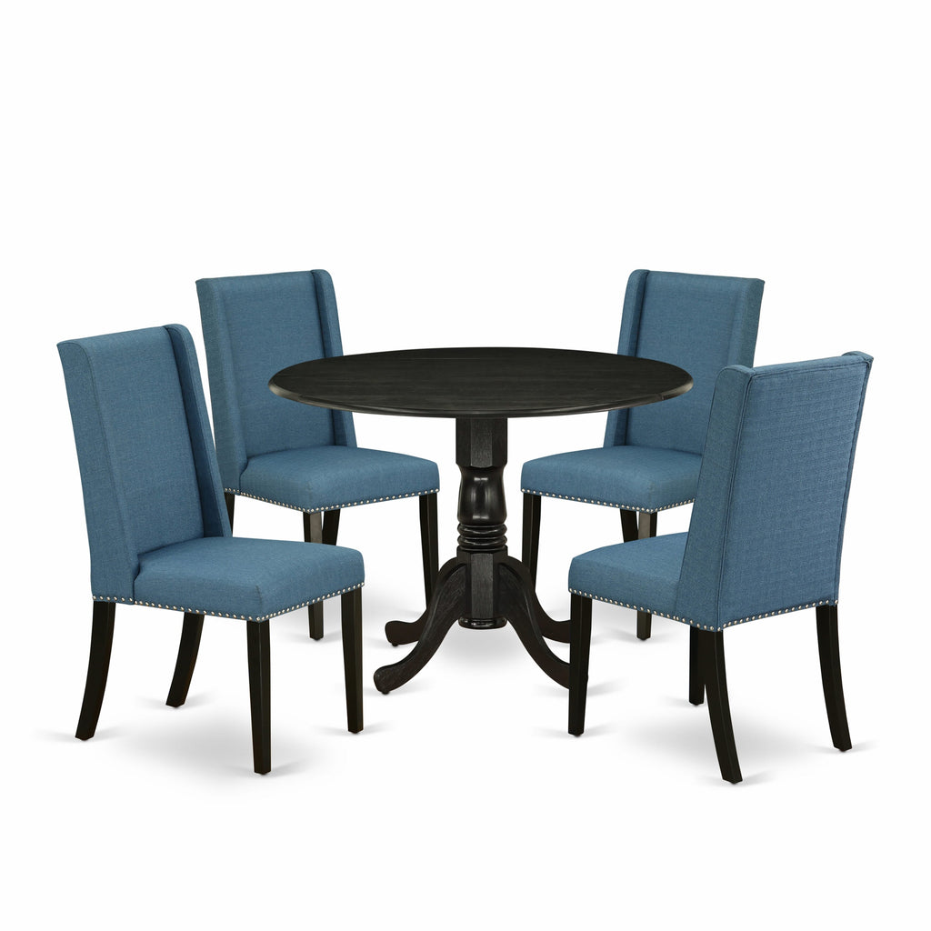 DLFL5-EEZ-QB 5 Piece Round Dining Collection with Dropleaf and Blue Upholstered Chairs, Wirebrushed Black