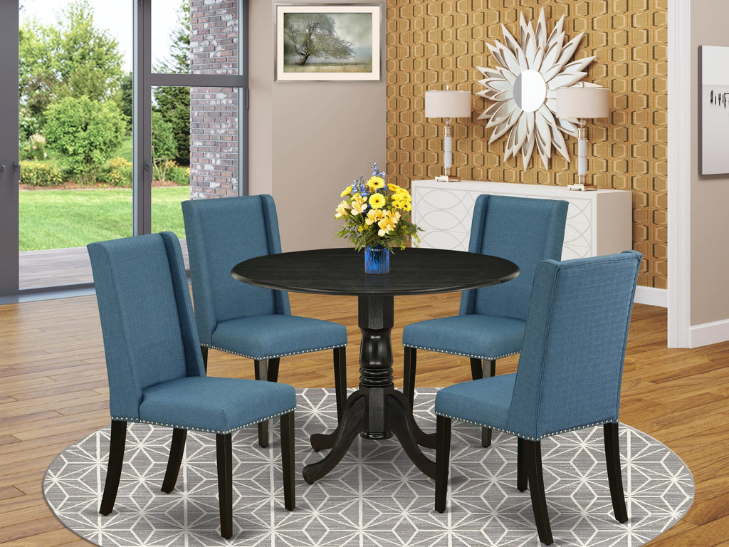 DLFL5-EEZ-QB 5 Piece Round Dining Collection with Dropleaf and Blue Upholstered Chairs, Wirebrushed Black