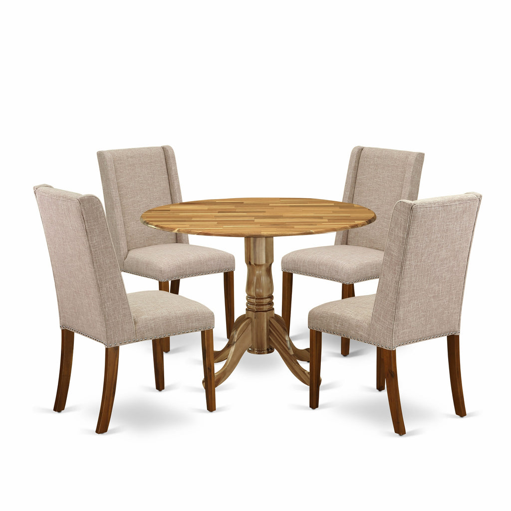 Explore DLFL5-CS9-UE 5-Piece Dining Set with Round Dropleaf Table & 4 Linen Fabric Chairs, Light Tan Upholstery, 42