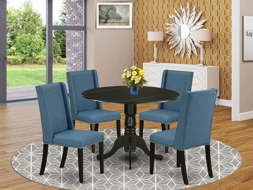 DLFL5-95R-YN 5-Piece Dining Suite with Round Table & Blue Parson Chairs - Drop Leaf Design, 42 - Black Finish