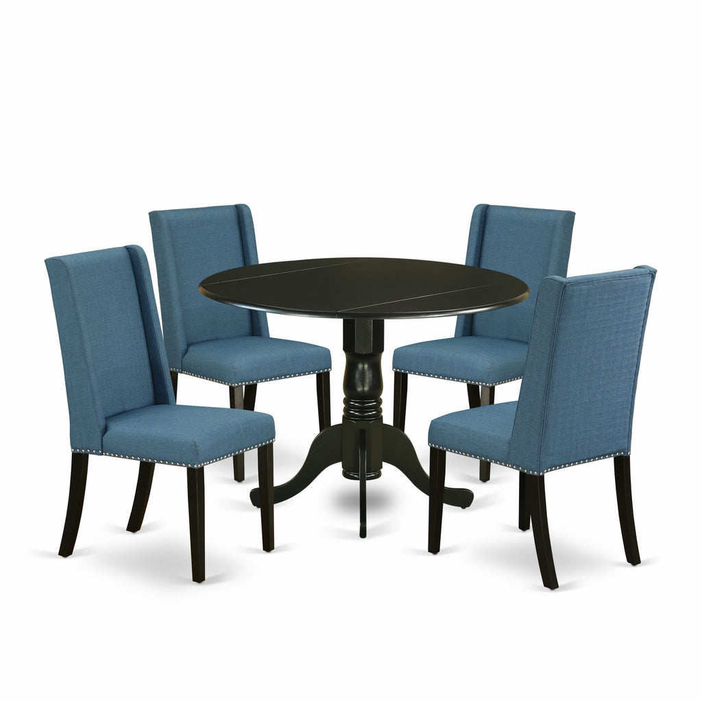 DLFL5-95R-YN 5-Piece Dining Suite with Round Table & Blue Parson Chairs - Drop Leaf Design, 42 - Black Finish