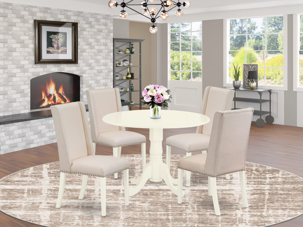 DLFL5-26B-S7 5-Piece Drop Leaf Dining Ensemble with Round Table and Cream Linen Parson Chairs, 42x42 Inch, Bright White Finish