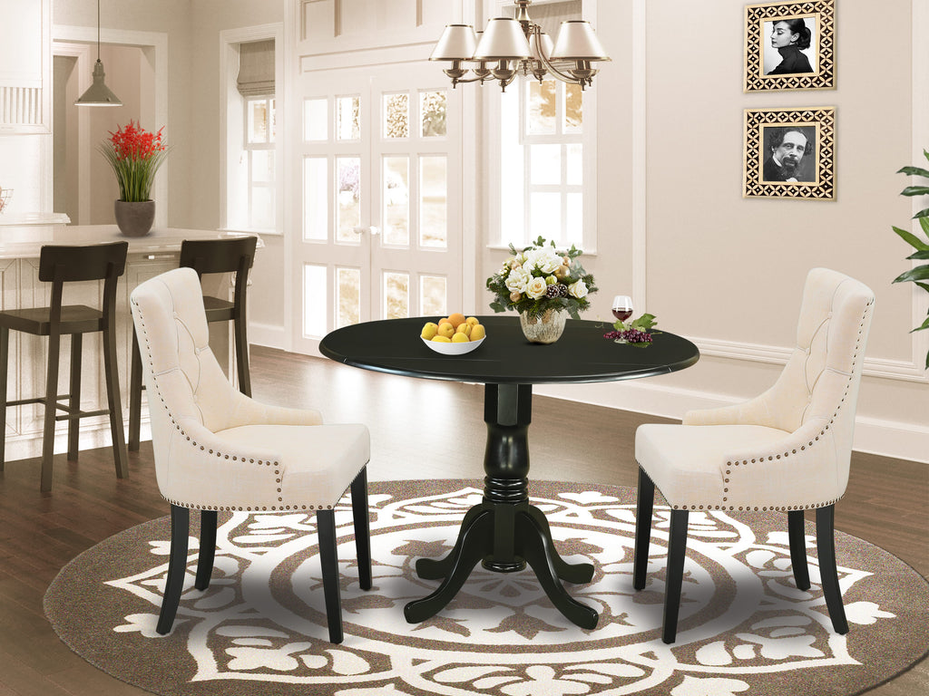 DLFR3-PLS-PJ 3 Pc Dining Set Round Dropleaf Table & Beige Linen Chairs, 42x42 in Black Finish