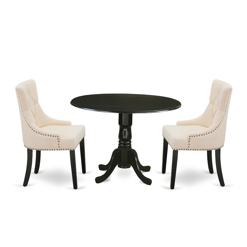 DLFR3-PLS-PJ 3 Pc Dining Set Round Dropleaf Table & Beige Linen Chairs, 42x42 in Black Finish