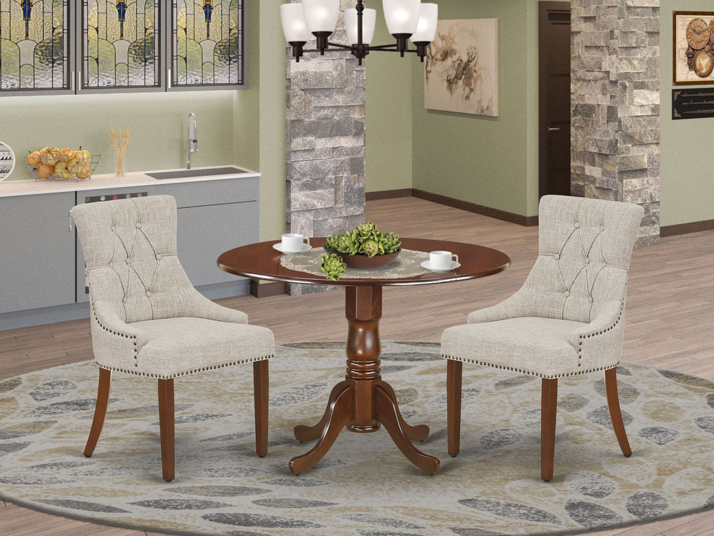 DLFR3-XQ-ZS0 3-Piece Dinette Ensemble for Compact Areas Featuring Round Table with Dropleaf & Two Doeskin Upholstered Chairs in Mahogany