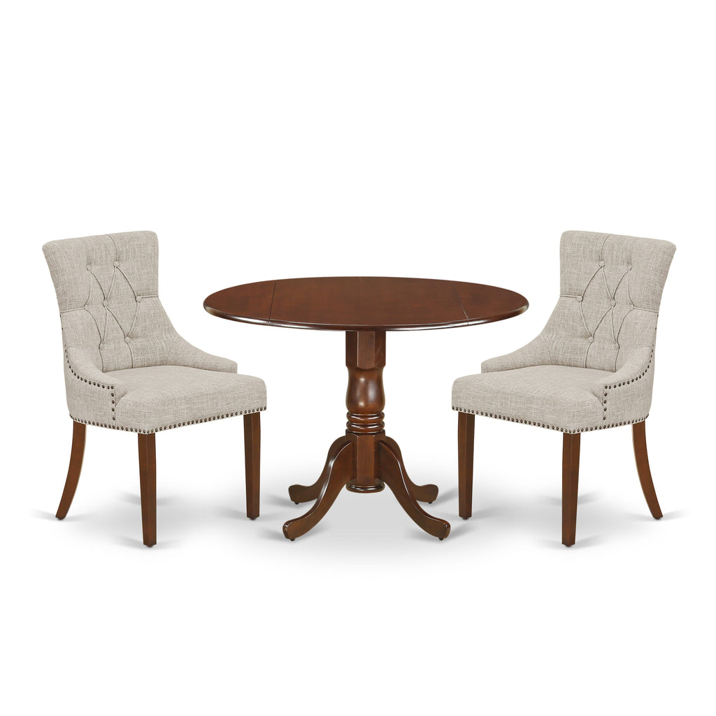DLFR3-XQ-ZS0 3-Piece Dinette Ensemble for Compact Areas Featuring Round Table with Dropleaf & Two Doeskin Upholstered Chairs in Mahogany