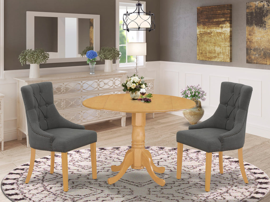 DLFR3-TI5-BF Set Compact 3-Piece Dropleaf Round Table with Dark Gotham Parson Chairs, Ideal for Small Spaces, Oak Finish