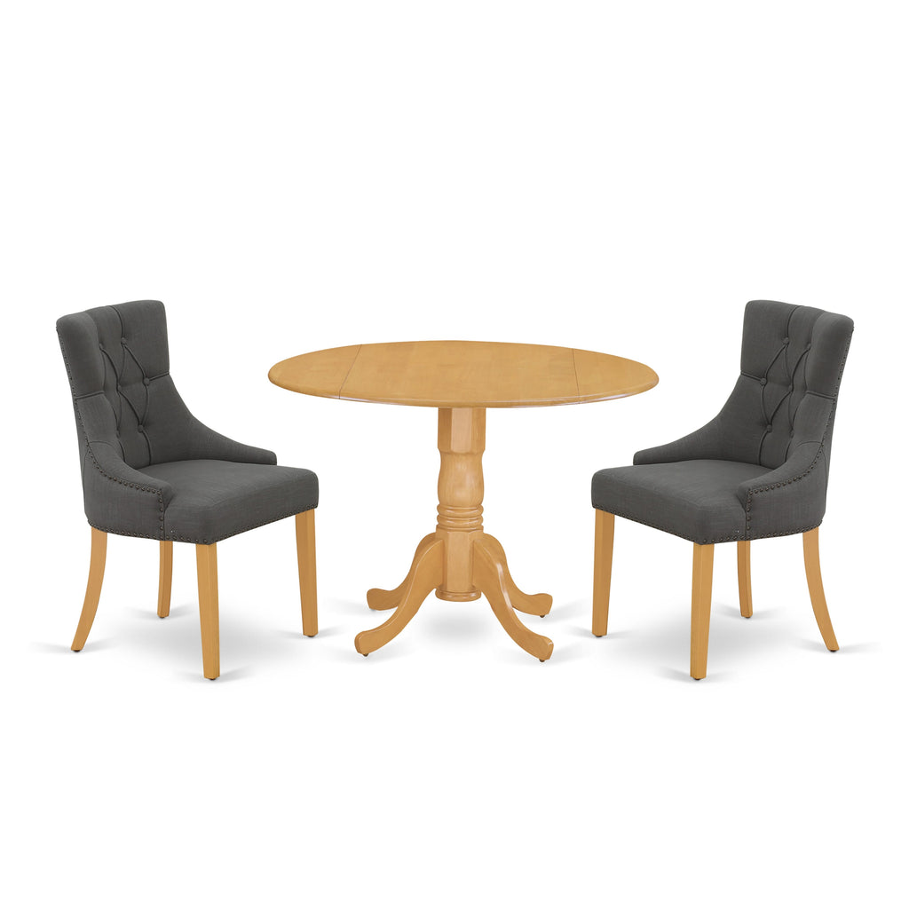 DLFR3-TI5-BF Set Compact 3-Piece Dropleaf Round Table with Dark Gotham Parson Chairs, Ideal for Small Spaces, Oak Finish
