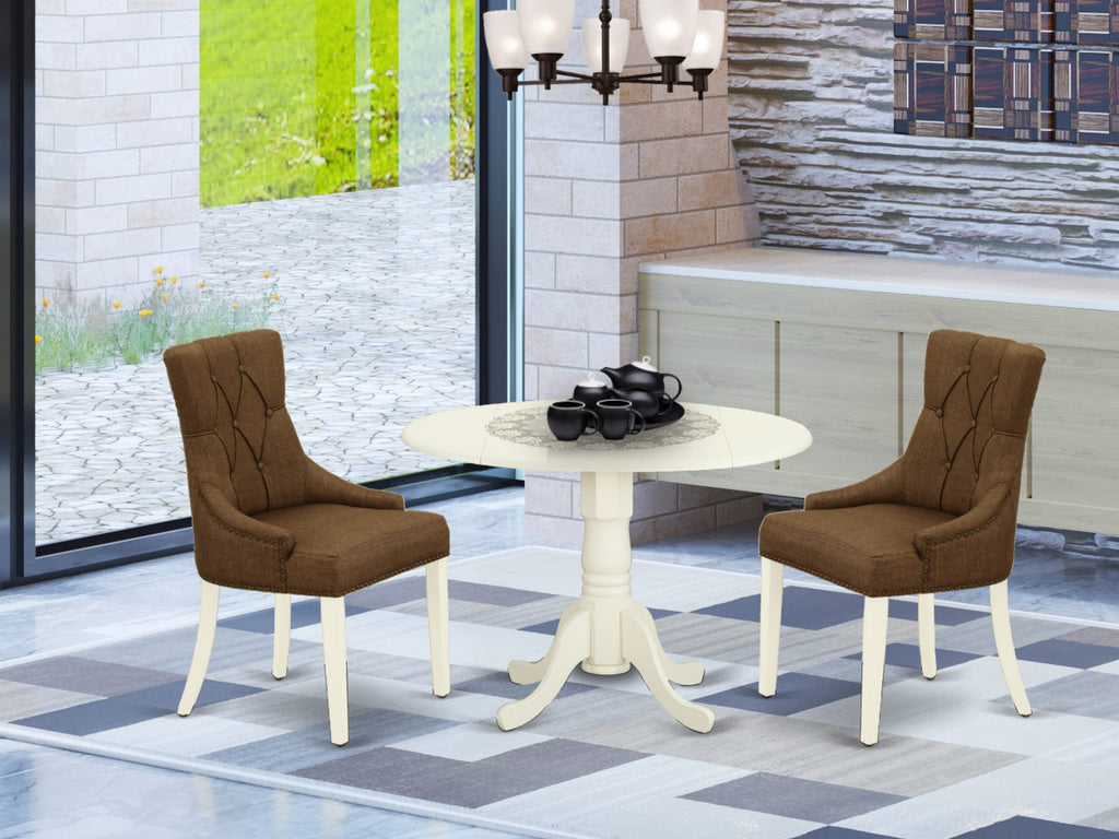 DLFR3-K18-FI Trio Dining Ensemble with Drop-leaf Table & 2 Fabric-Lined Chairs, 42x42, Linen White