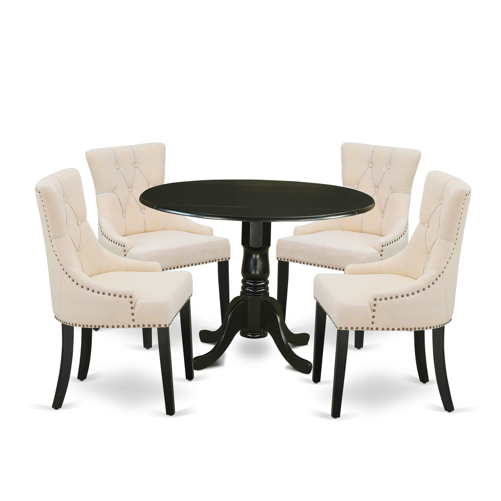 DLFR5-VJA-OV 5-Piece Contemporary Dining Ensemble with Round Dropleaf Table and Beige Upholstered Chairs, 42-Inch