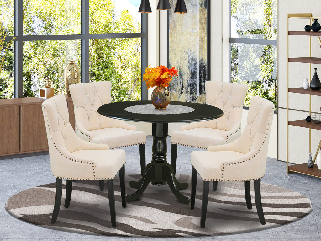 DLFR5-VJA-OV 5-Piece Contemporary Dining Ensemble with Round Dropleaf Table and Beige Upholstered Chairs, 42-Inch