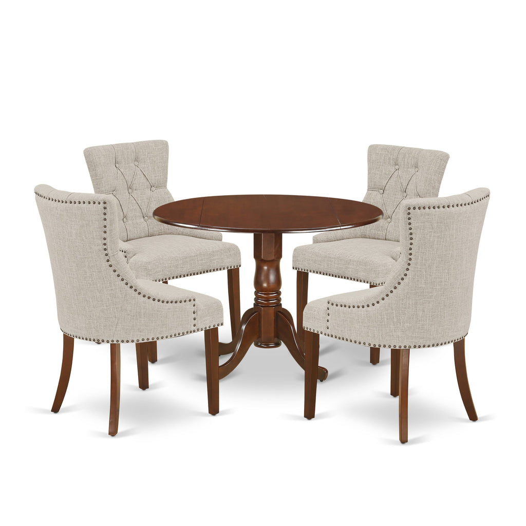DLFR5-9CS-EC Elegant 5-Piece Dining Set with Round Table and Four Doeskin Linen Chairs, 42x42, Mahogany Finish