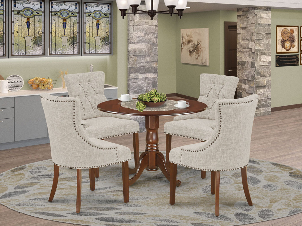 DLFR5-9CS-EC Elegant 5-Piece Dining Set with Round Table and Four Doeskin Linen Chairs, 42x42, Mahogany Finish