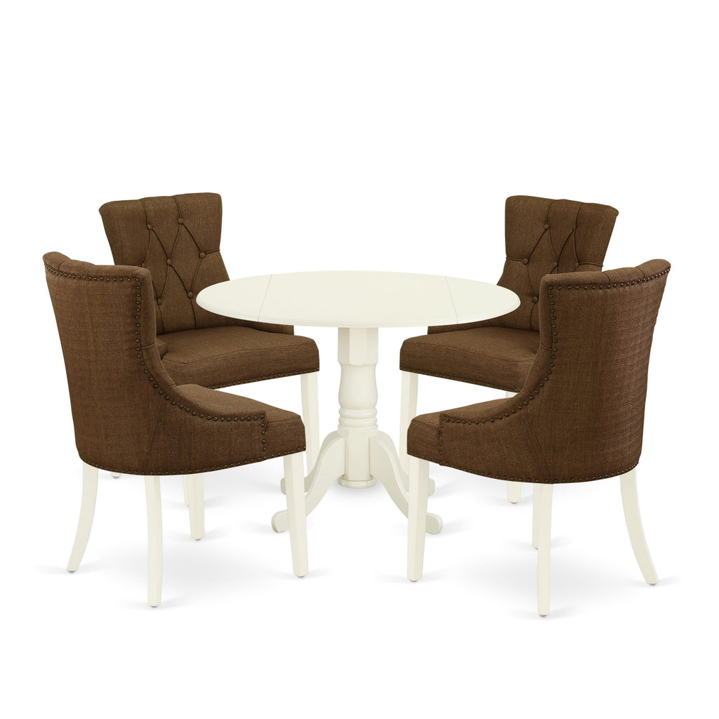 5-Piece Dropleaf Dining Ensemble DLFR5-FUX-FJ with Linen Brown Seating, 42x42 Table for Four