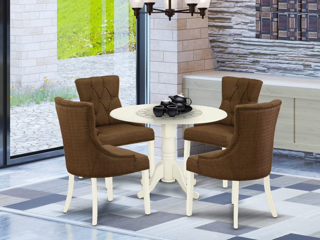 5-Piece Dropleaf Dining Ensemble DLFR5-FUX-FJ with Linen Brown Seating, 42x42 Table for Four