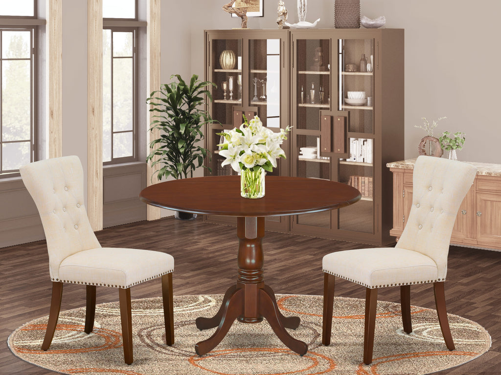 DLGA3-VD6-WD - Elegant 3PC Dining Set Round Drop-leaf Table & 2 Beige Linen Chairs, 42