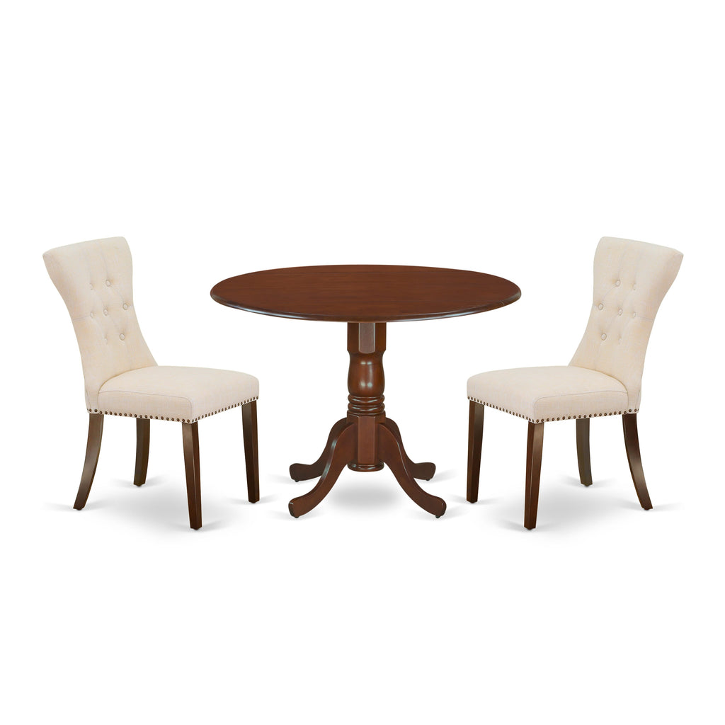 DLGA3-VD6-WD - Elegant 3PC Dining Set Round Drop-leaf Table & 2 Beige Linen Chairs, 42