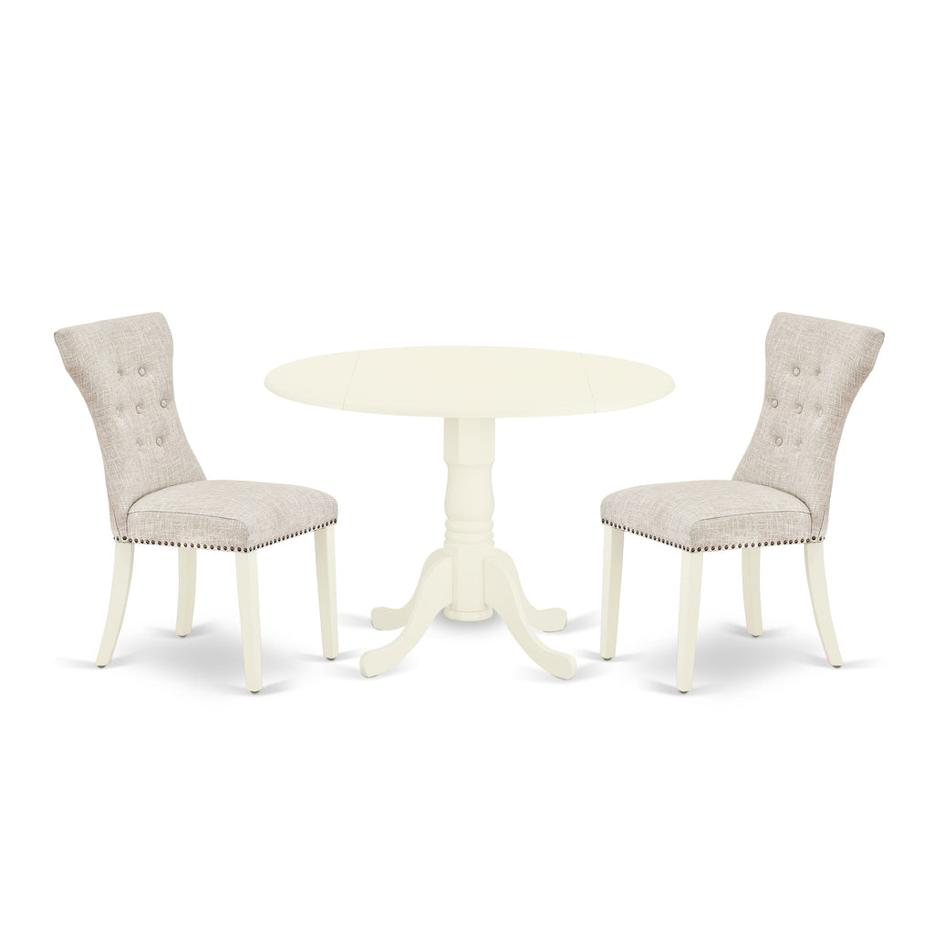 3-Piece Dining Set DLGA3-6G5-8J Round Table with Dropleaf & 2 Linen Upholstered Chairs, 42-Inch